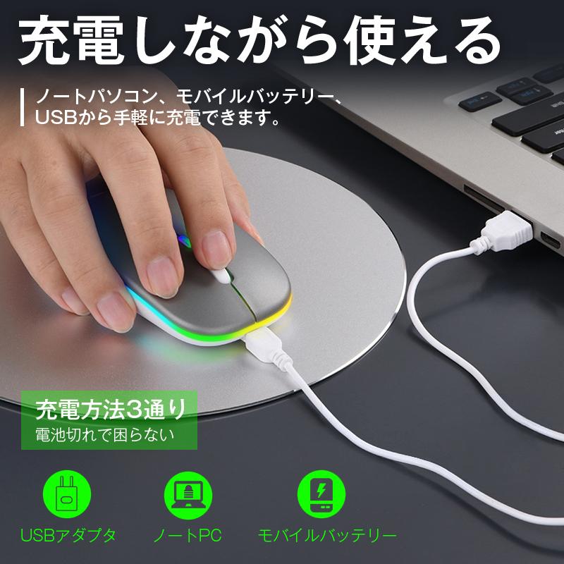 マウス ワイヤレス 静音 薄型 コードレス Bluetooth5.1 無線 2.4GHz 軽量 USB 充電式 小型 高感度 光学式 DPI調整 LED発光 PC Windows Mac タブレット iPad 対応 |  | 15
