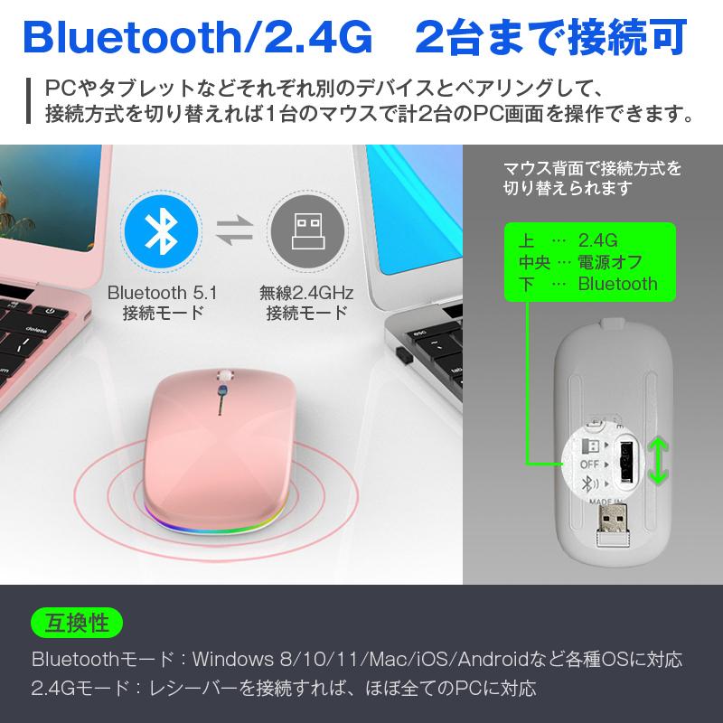 マウス ワイヤレス 静音 薄型 コードレス Bluetooth5.1 無線 2.4GHz 軽量 USB 充電式 小型 高感度 光学式 DPI調整 LED発光 PC Windows Mac タブレット iPad 対応 |  | 12