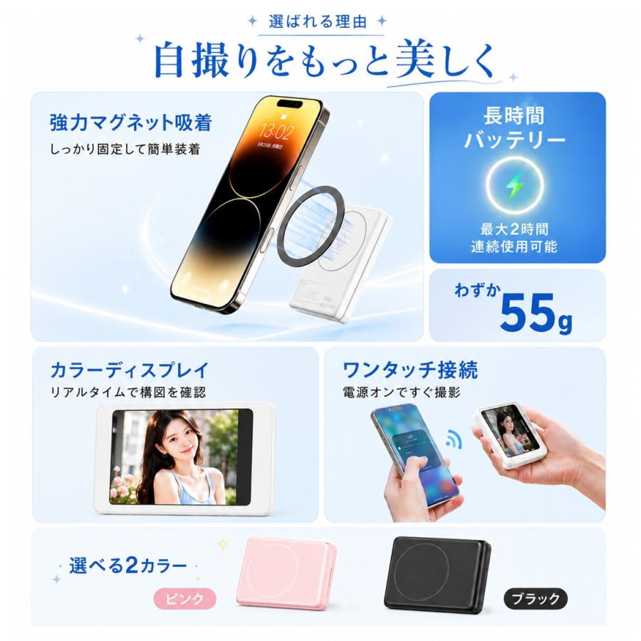 自撮りモニター スマホ 外カメラ セルフィー MagSafe対応 ミラーリング
