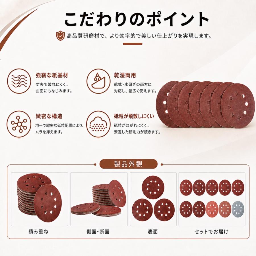 サンドペーパー 100枚セット 80番 3000番 直径125mm 穴あき 電動サンダー用 研磨 木工 車 DIY 水研ぎ |  | 07