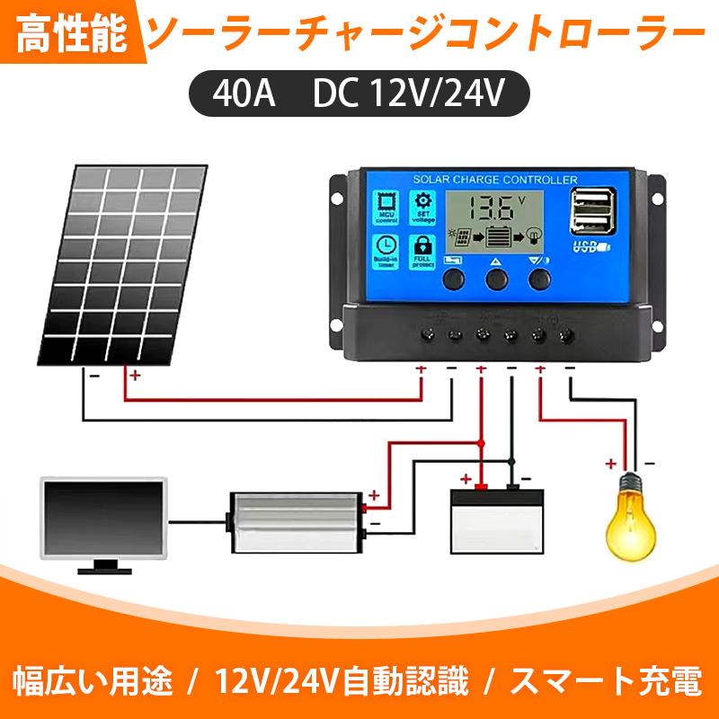 ソーラーチャージコントローラー 40A ソーラーチャージャー 液晶画面 太陽光発電 ソーラーパネル バッテリー 12V 24V 兼用 リチウム 鉛蓄 電池 USB5V出力ポート（Yahoo!・TSモバイル）