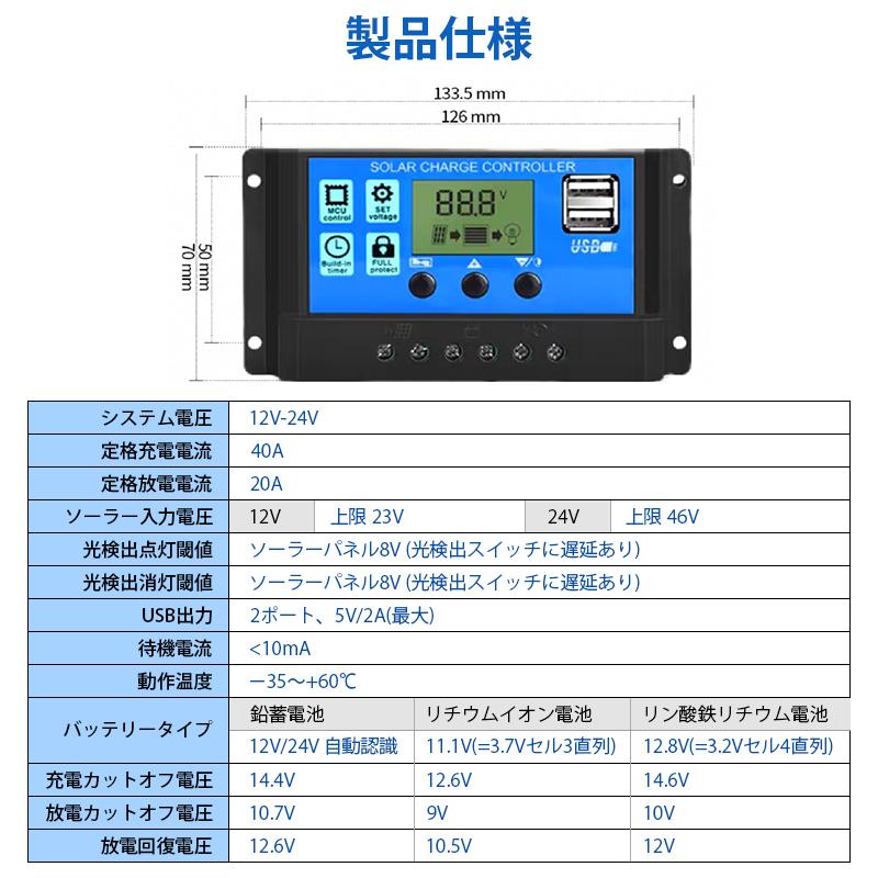 ソーラーチャージコントローラー 40A ソーラーチャージャー 液晶画面