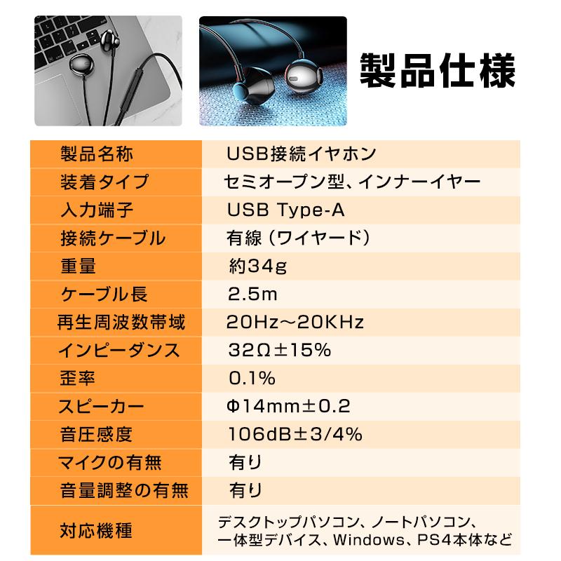 USB接続 イヤホン マイク付き パソコン用 長さ2.5m 通話可能 高音質
