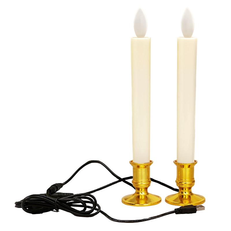 LEDロウソク USB給電式 2本入 燭台付き 火を使わない 安心 安全