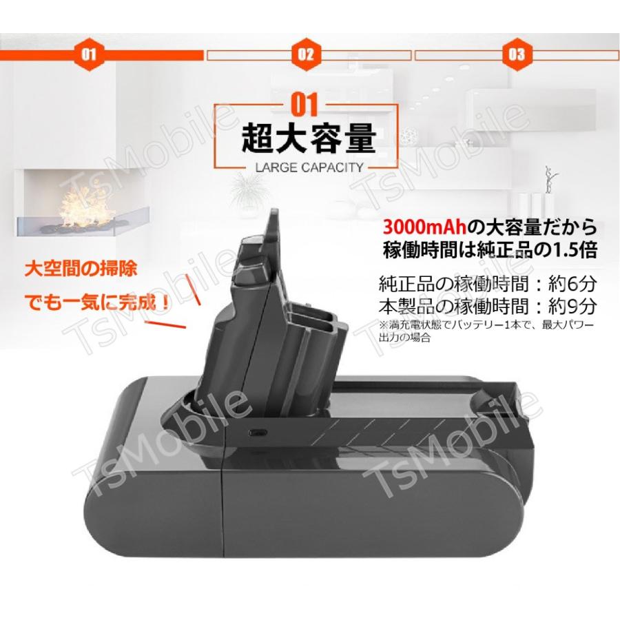 ダイソン バッテリー 互換 3000mAh dyson V6 SV07 SV09 DC58 DC59 DC72互換 21.6V 3.0Ah 認証済み 壁掛けブラケット対応 掃除機パーツ 交換用充電電池｜tsmobile｜04