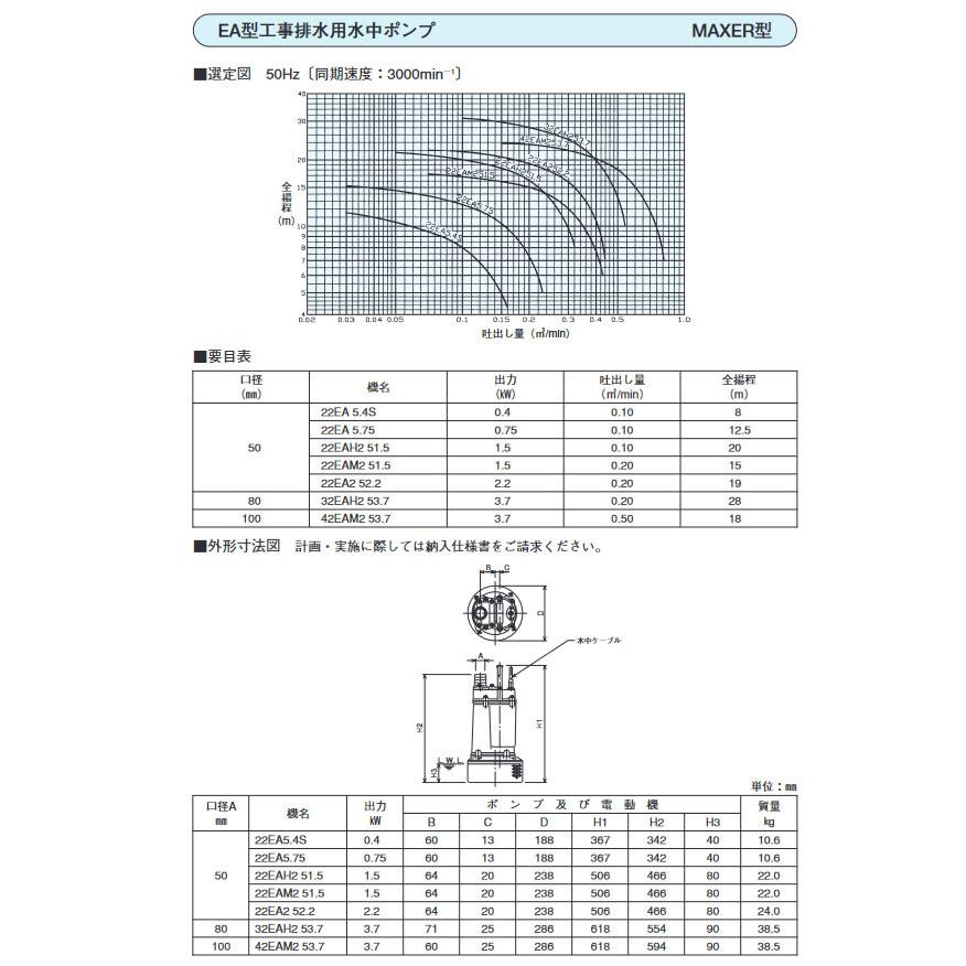 ●22EA2 52.2 荏原製作所 工事排水用水中ポンプ EA型 220W 三相200V 50Hz 吐出量：0.2立方m/min 大雨などによる洪水・浸水・冠水などの災害対策に エバラ EBARA |  | 01