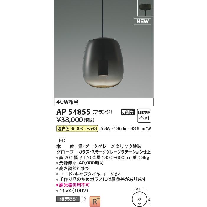 AP54855 LEDペンダントライト Minimal Rustic Gradation×glass 白熱球40W相当 フランジタイプ 要電気工事 非調光 温白色 コイズミ照明 照明器具 天井照明_1