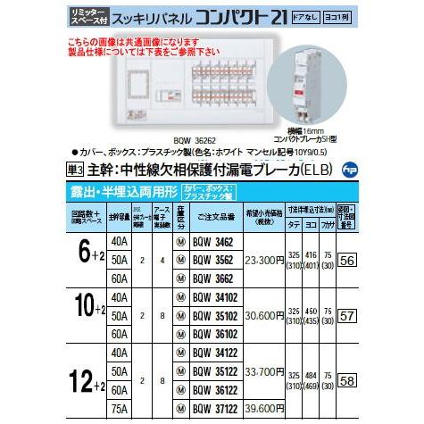 Panasonic 住宅分電盤 スッキリパネル コンパクト21 リミッタースペース付 露出・半埋込両用形 回路数：6+2 主幹容量：50A BQW3562