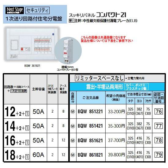 Panasonic 住宅分電盤 1次送り回路付住宅分電盤 リミッタースペースなし 1次送り回路付 ヨコ1列 露出・半埋込両用形 回路数：18+2+1 主幹容量：100A BQW861821