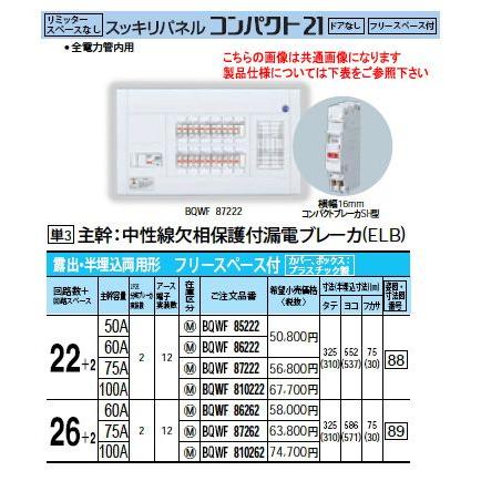 Panasonic 住宅分電盤 スッキリパネル コンパクト21 リミッタースペースなし フリースペース付 露出・半埋込両用形 回路数：26+2 主幹容量：75A BQWF87262
