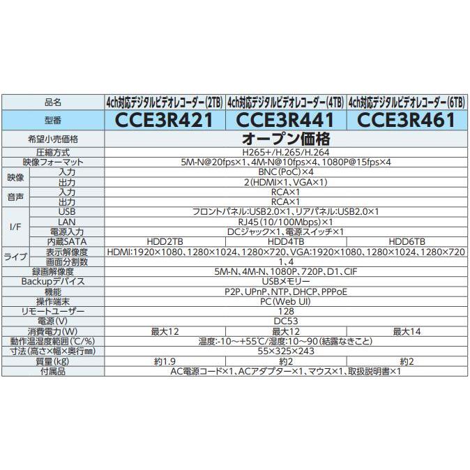 CCE3R421 同軸カメラシステム 4ch対応デジタルビデオレコーダー(2TB