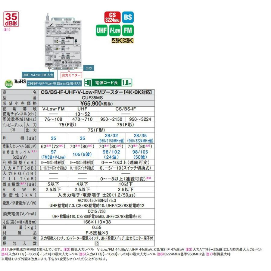 CUF35MS DXアンテナ 共同受信用ブースター CS/BS-IF・UHF・V-Low・FM帯