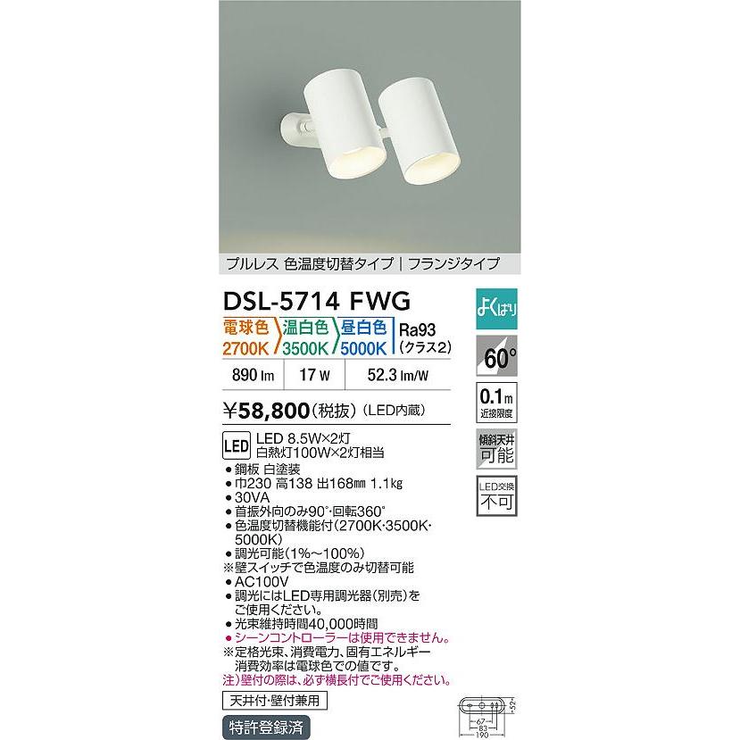 2台セット 3色切替スポットライト DSL-5714FWG 大光電機 大光電機 DSL-5714FWG LEDスポットライト よくばりスポット 白熱灯100W