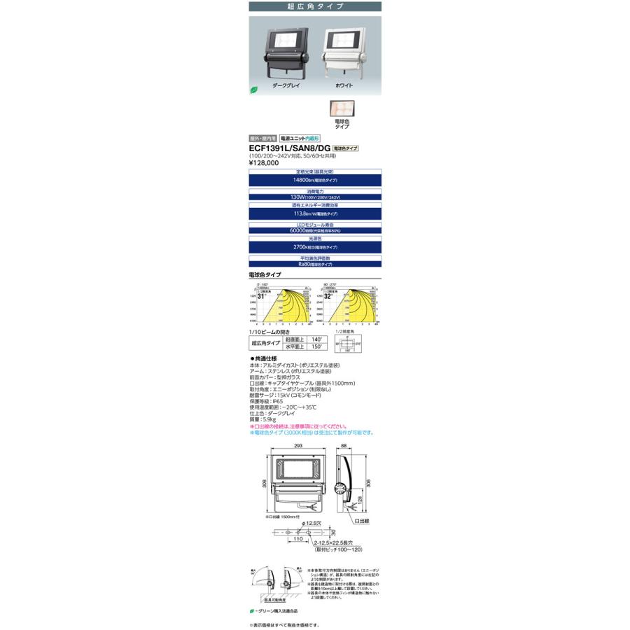 ECF1391L　SAN8　DG　LED投光器　屋外・屋内用　フラッド　エリア照明　演出照明　レディオック　電球色　超広角　ダークグレイ　アーケード照明　130クラス　ネオ　岩崎電気