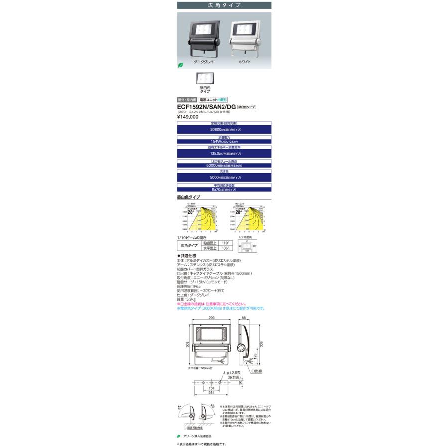 ECF1592N　SAN2　DG　エリア照明　広角　ネオ　150クラス　屋外・屋内用　岩崎電気　昼白色　LED投光器　ダークグレイ　フラッド　レディオック　演出照明　アーケード照明