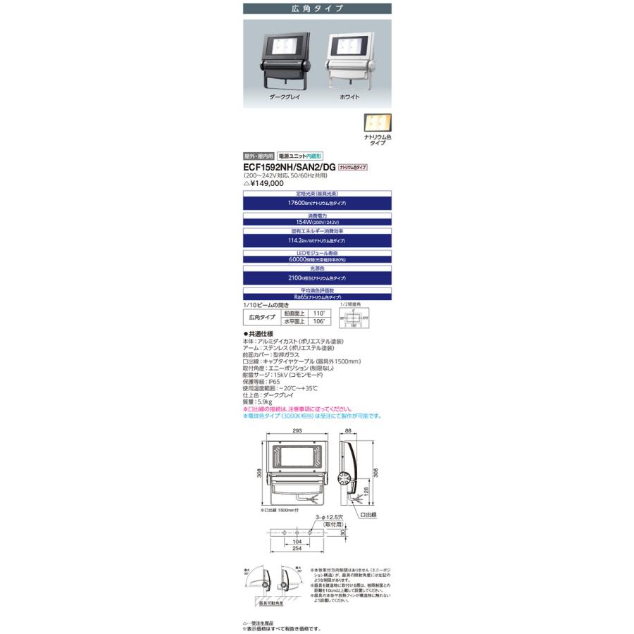 ECF1592NH　SAN2　DG　150クラス　岩崎電気　ダークグレイ　ネオ　屋外・屋内用　アーケード照明　ナトリウム色　LED投光器　レディオック　エリア照明　フラッド　広角