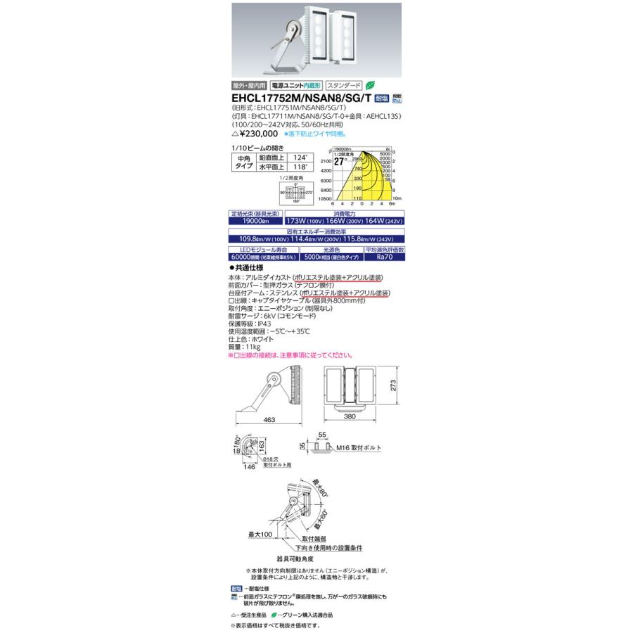 EHCL17752M　NSAN8　SG　投光器タイプ[SG形]タイプF　耐塩　昼白色　T　シーリングHB　屋内プール用　屋外・屋内用　岩崎電気　LED投光器　スタンダード　レディオック　中角