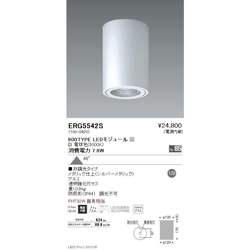 ERG5542S 軒下用照明 LEDZ Rs シーリングダウンライト 直付 φ120 900タイプ FHT32W器具相当 46°超広角配光 電球色 無線調光対応 遠藤照明 施設照明