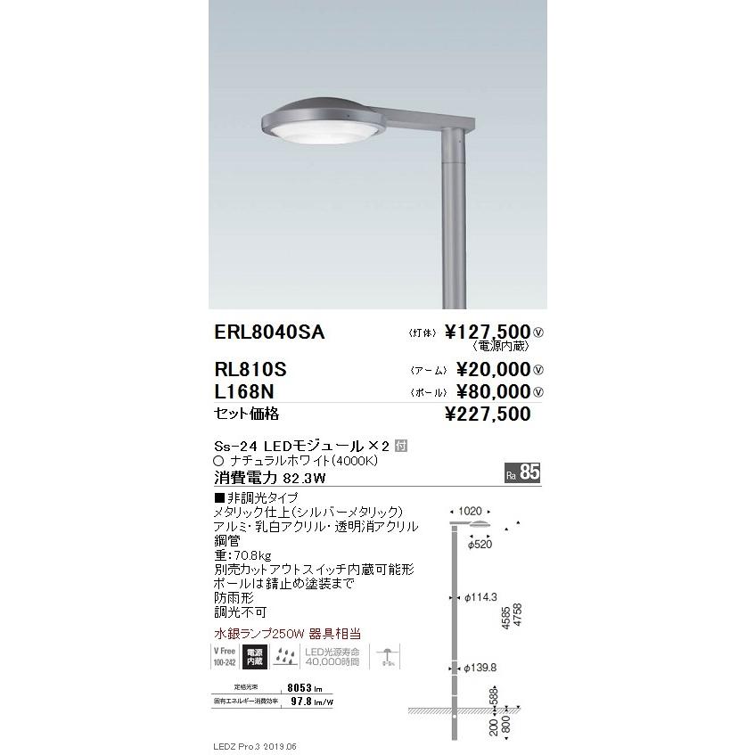 ERL8040SA アウトドアライト LEDZ Pole Light ポール灯 灯体のみ 水銀ランプ250W器具相当 Ss-24×2 ナチュラルホワイト 非調光 遠藤照明 施設照明