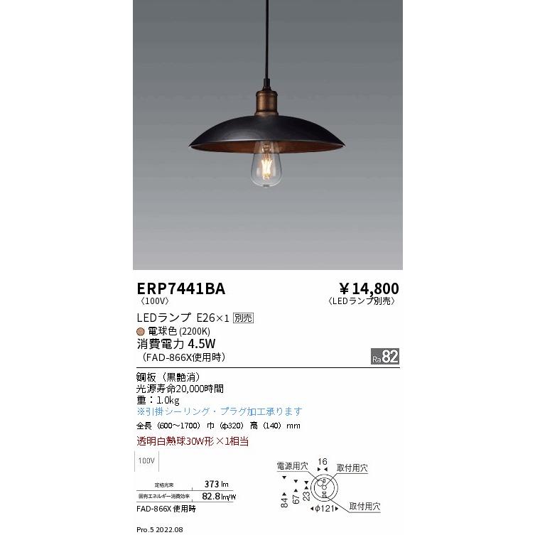 ERP7441BA LEDZ LAMP ペンダントライト 本体のみ ランプ(E26)・ガード別売 無線調光対応 要電気工事 遠藤照明 施設照明の画像