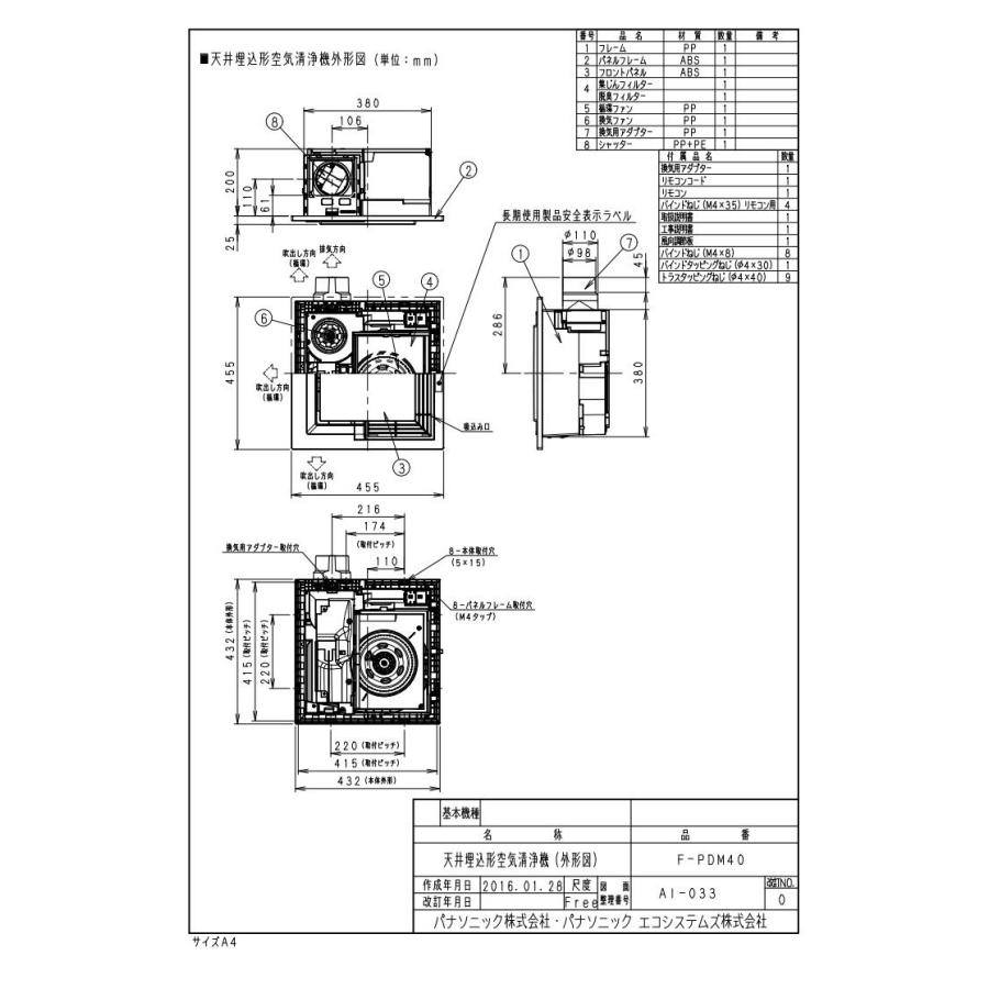Panasonic F-PDM40 天井埋込形空気清浄機 エアシー 20畳用 「ナノイー