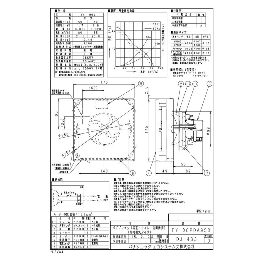 Panasonic（パナソニック） FY-08PDA9SD Panasonic パイプファン 本体