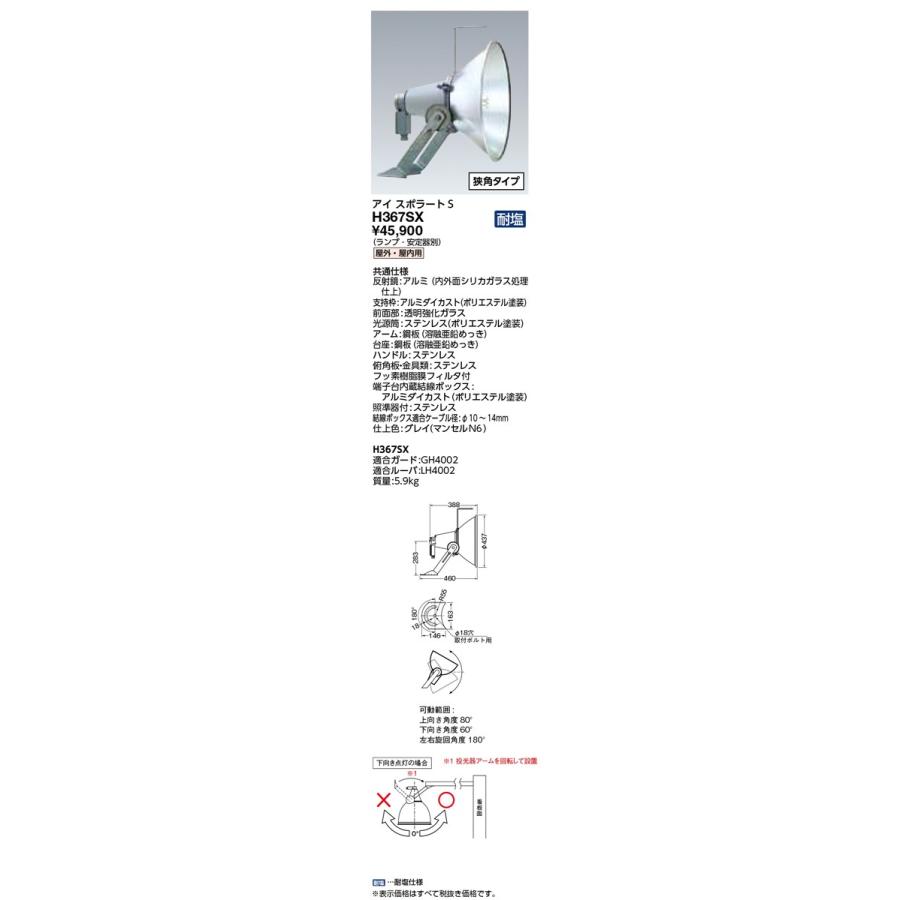 岩崎電気 施設照明 HIDランプサイン広告用投光器 アイ スポラートS 狭角タイプ 耐塩形 H367SX｜tss