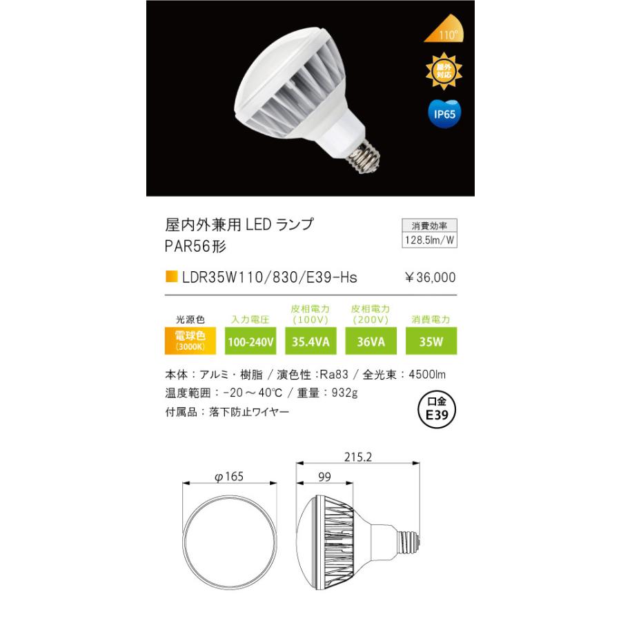 LDR35W110/830/E39-Hs 屋内外兼用LEDランプ PAR56形 LDR35Wシリーズ 口金E39 電球色 テス・ライティング ランプの画像