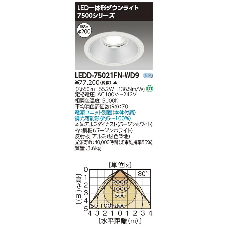LEDD-75021FN-WD9 無線制御対応 LED一体形ダウンライト 7500シリーズ 昼白色 調光可 埋込穴φ200 東芝ライテック 施設照明  用途別ベース照明器具