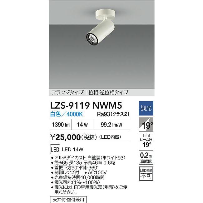 大光電機 LZS-9119NWM5 LEDスポットライト Cylinder spot 1200クラス