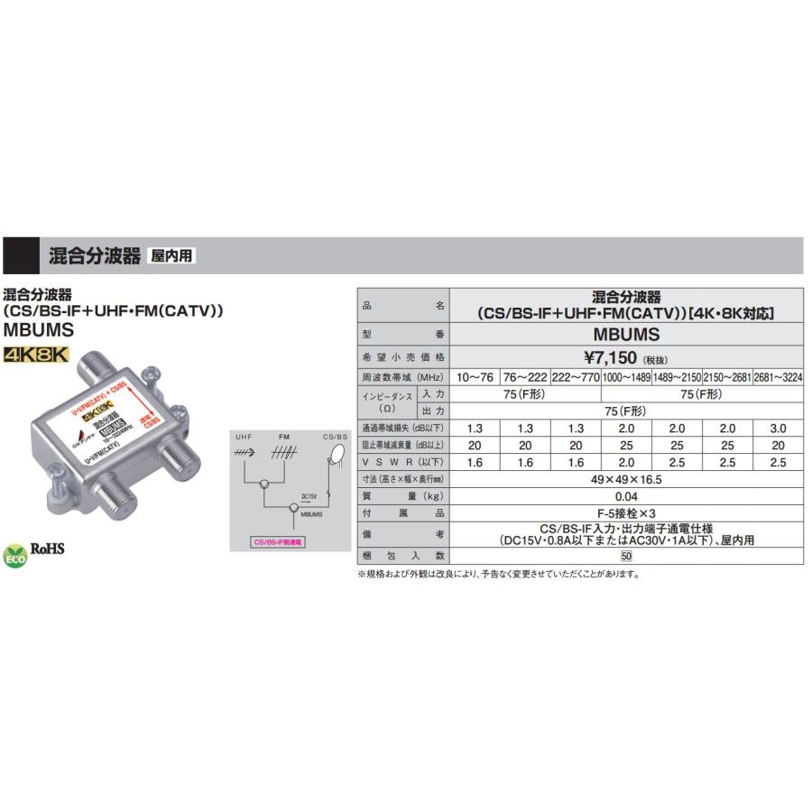 混合分波器4K8K(四個セット)  MBUMS  DXアンテナ MBUMS DXアンテナ 共同受信用混合分波器 屋内用 2K・4K・8K対応 高