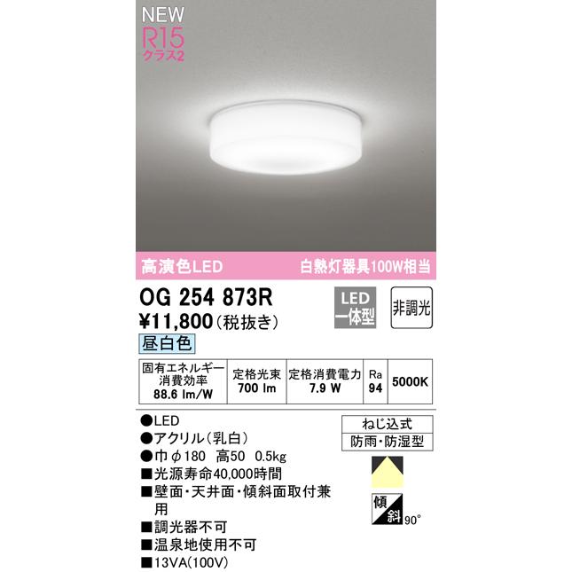 OG254873R LEDバスルームライト 浴室灯 薄型・全配光タイプ 白熱灯器具100W相当 R15高演色 クラス2 昼白色 非調光 オーデリック 照明器具 防雨・防湿型｜tss｜02