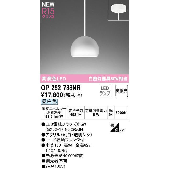 OP252788NR LEDペンダントライト AQUA2 雪 R15高演色 クラス2 フレンジタイプ 要電気工事 白熱灯器具60W相当 非調光 昼白色 オーデリック 照明器具 吊下げ_1