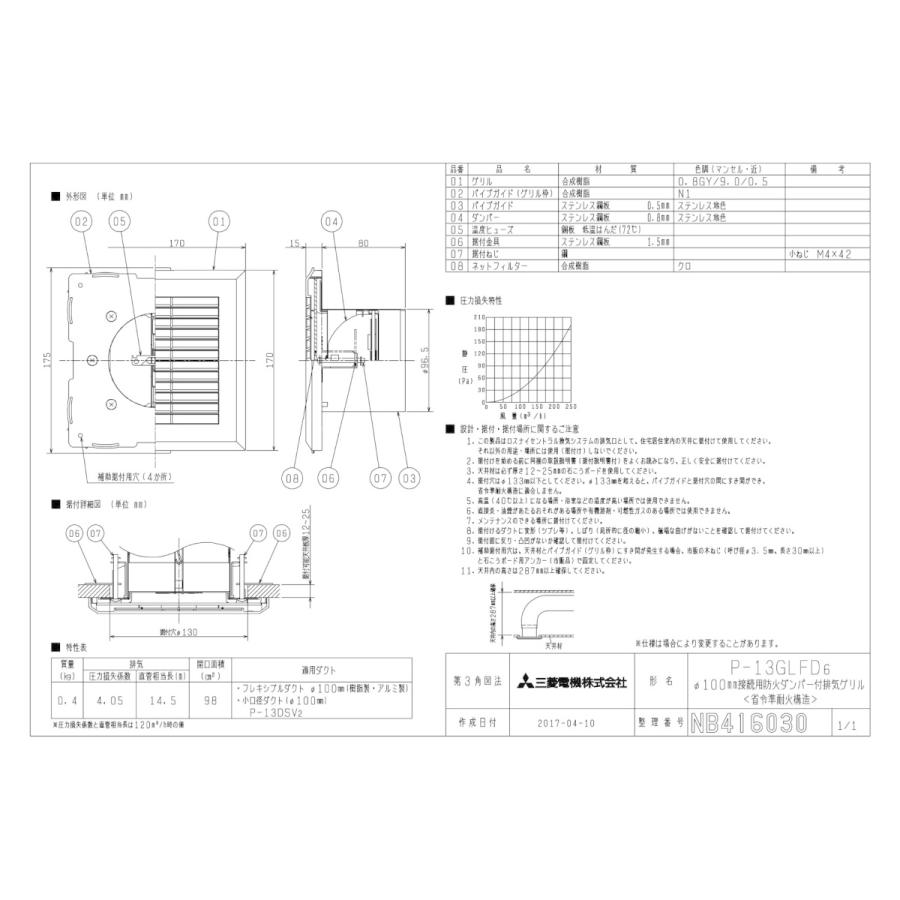 三菱（MITSUBISHI） P-13GLFD6 省令準耐火構造 防火ダンパー付排気