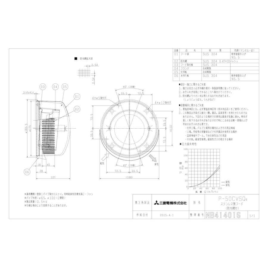 三菱電機 ロスナイシステム部材 / ステンレス製フード P-50CVS6