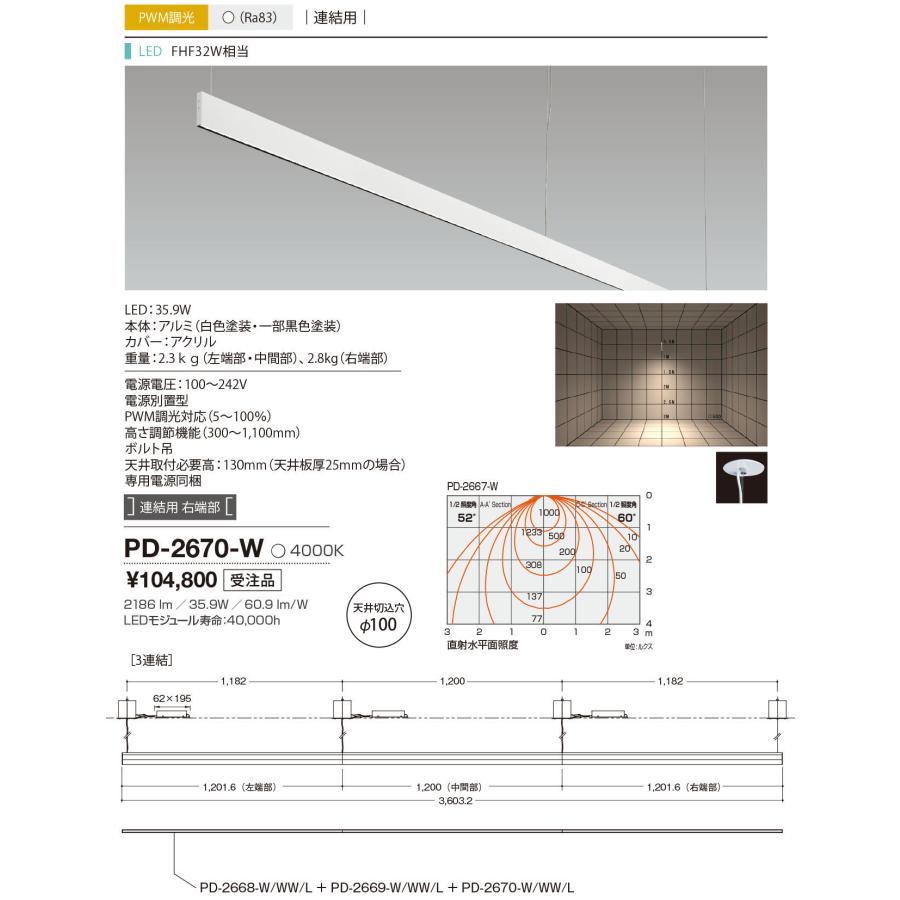 PD-2670-W LED一体型 ベースライト ブレードライン フィンチ ラインタイプ FHF32W相当 連結用右端部 PWM調光対応 白色 山田照明オフィス用 ライン照明の画像