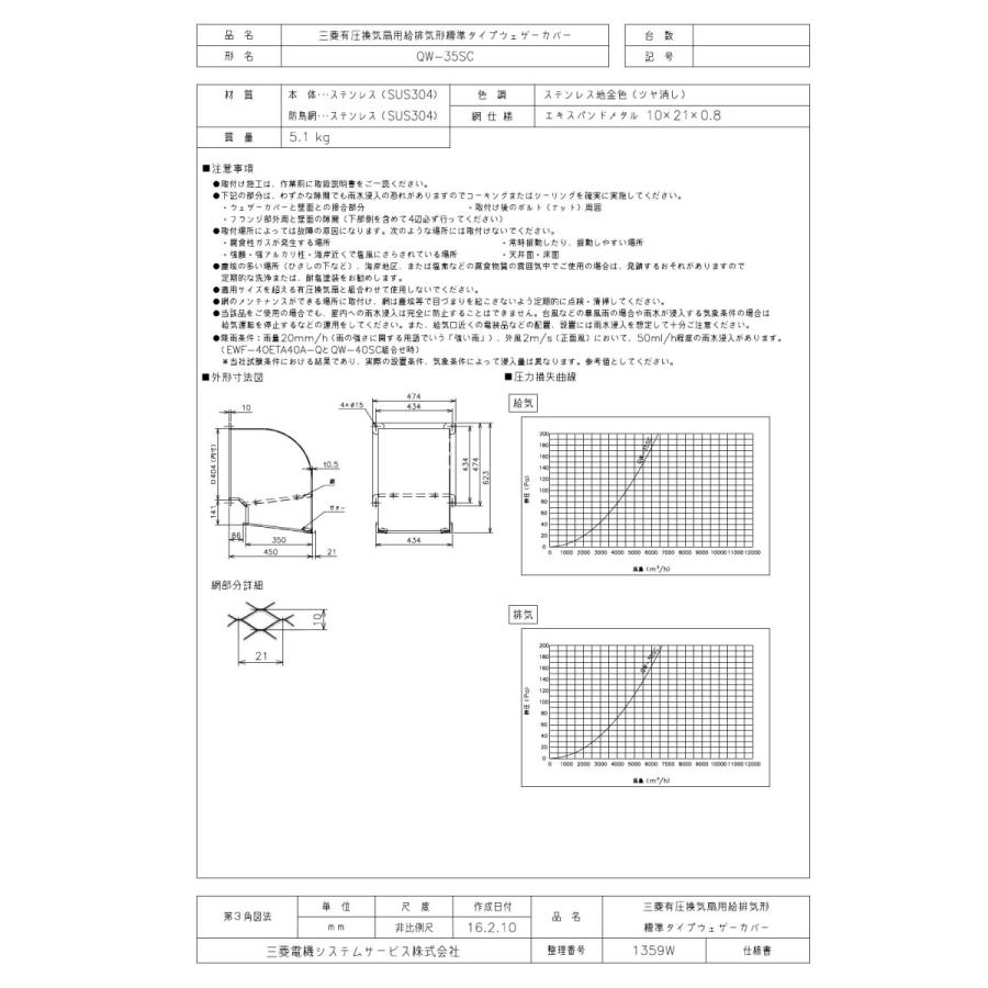 【またまたお値下げしました！保管良好！他社と比べてみてください！新品✨ 三菱有圧換気扇用ウェザーカバー QW35SC】 三菱（MITSUBISHI） QW-35SC 三菱電機 業務用有圧換気扇用システム部材