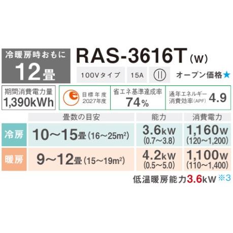 TOSHIBA（東芝） RAS-3616T(W) (おもに12畳用) ルームエアコン 日本
