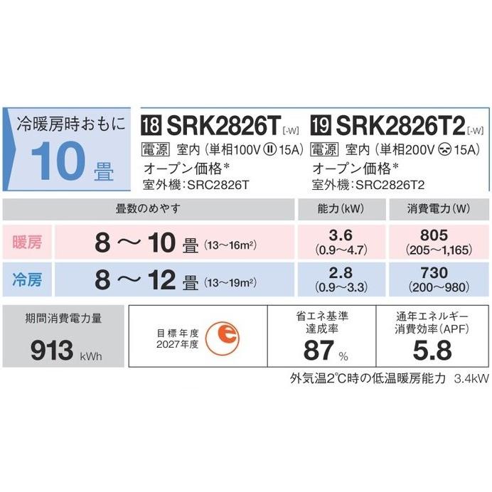 SRK2826T2(W) (おもに10畳用) ルームエアコン 三菱重工 ビーバーエアコン Tシリーズ 2026年モデル 単相200V 室内電源 住宅設備用 工事費別 | 三菱 | 01