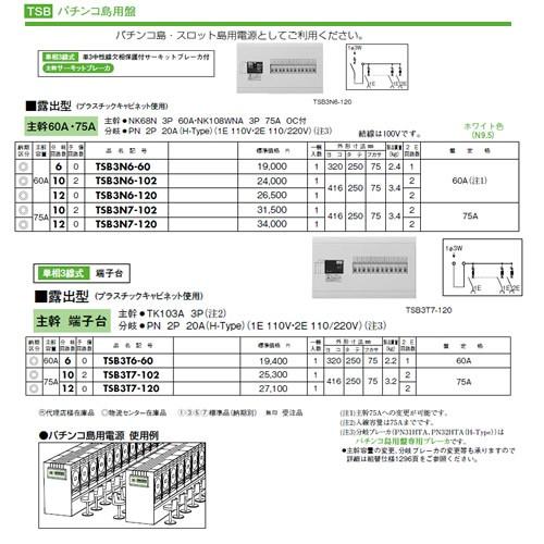 日東工業 ホーム分電盤 パチンコ島用盤 露出型 主幹：60A 分岐10＋2 TSB3N6-102