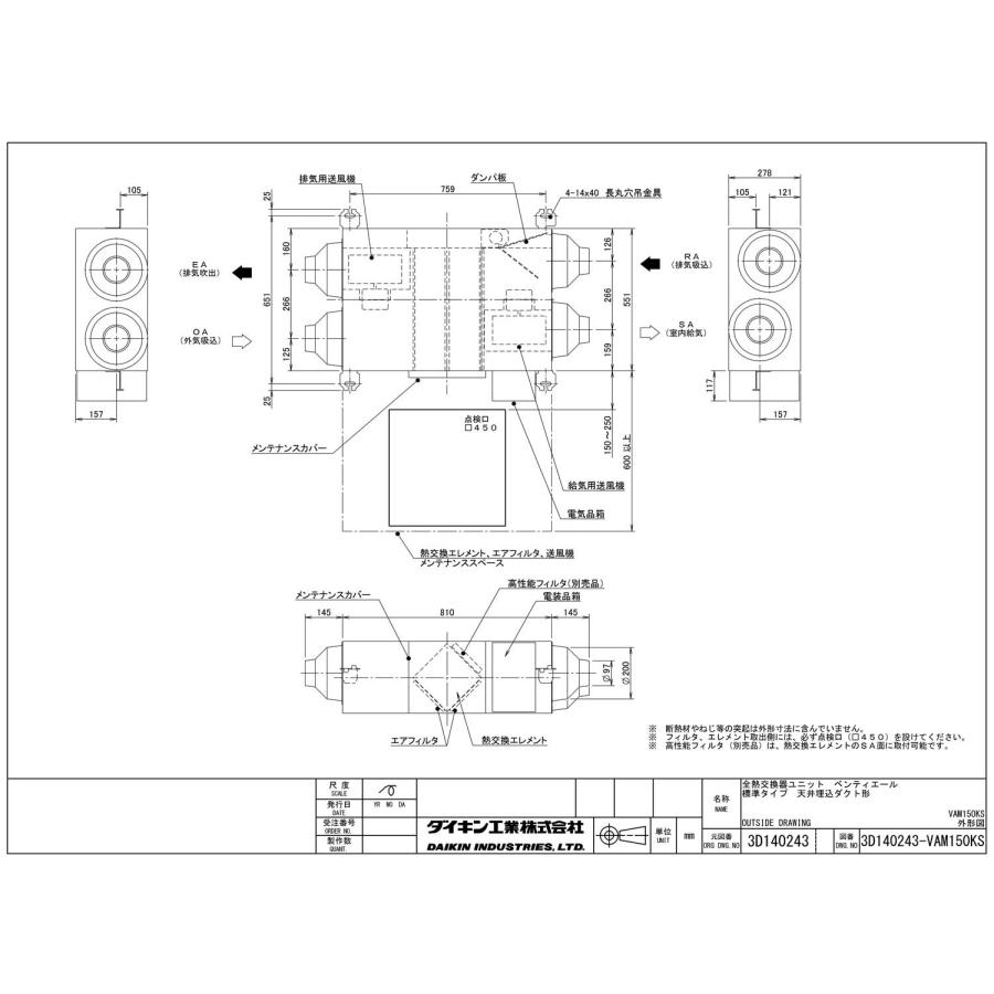 ダイキン（DAIKIN） VAM150KS 業務用換気機器 全熱交換器ユニット ベン