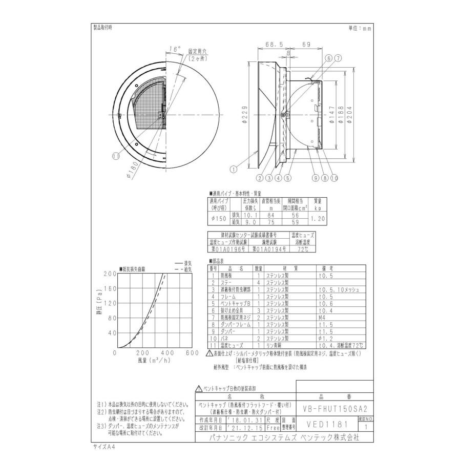 Panasonic（パナソニック） VB-FHUT150SA2 ステンレス製 防風板付