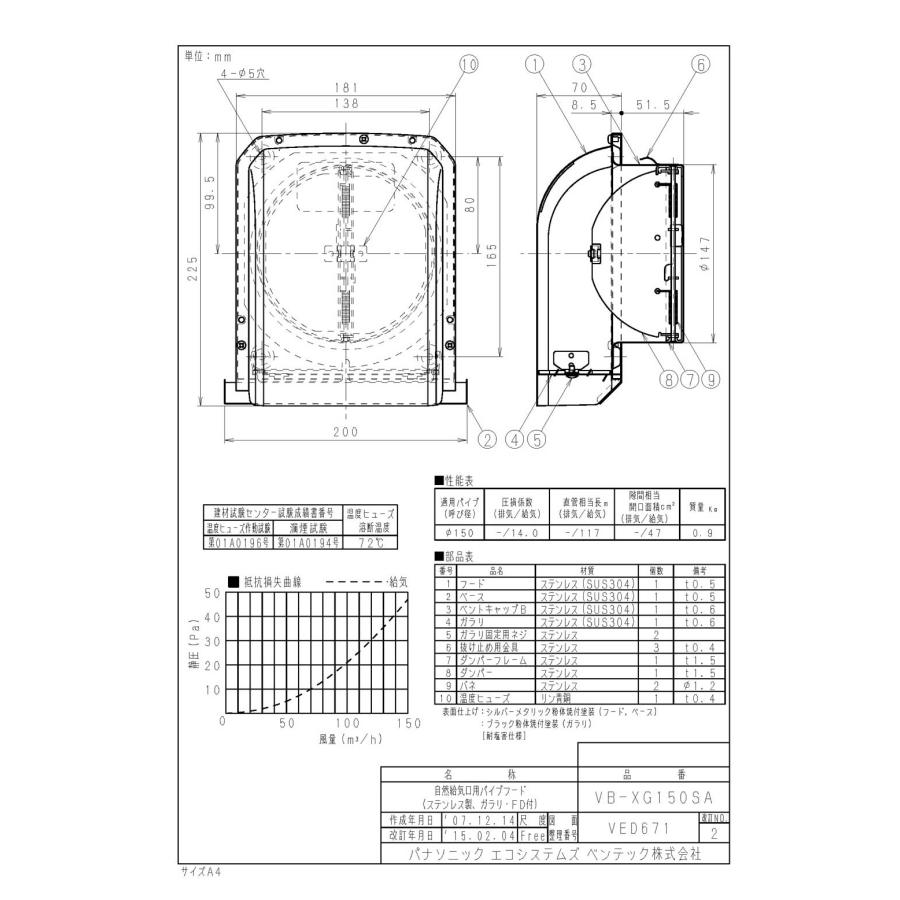 Panasonic（パナソニック） VB-XG150SA 自然給気口用パイプフード(着脱