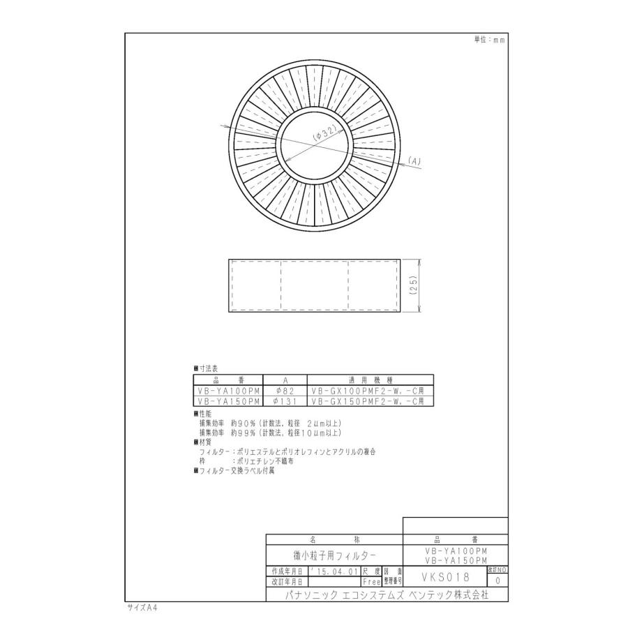 Panasonic（パナソニック） VB-YA100PM 取替用微小粒子用フィルター