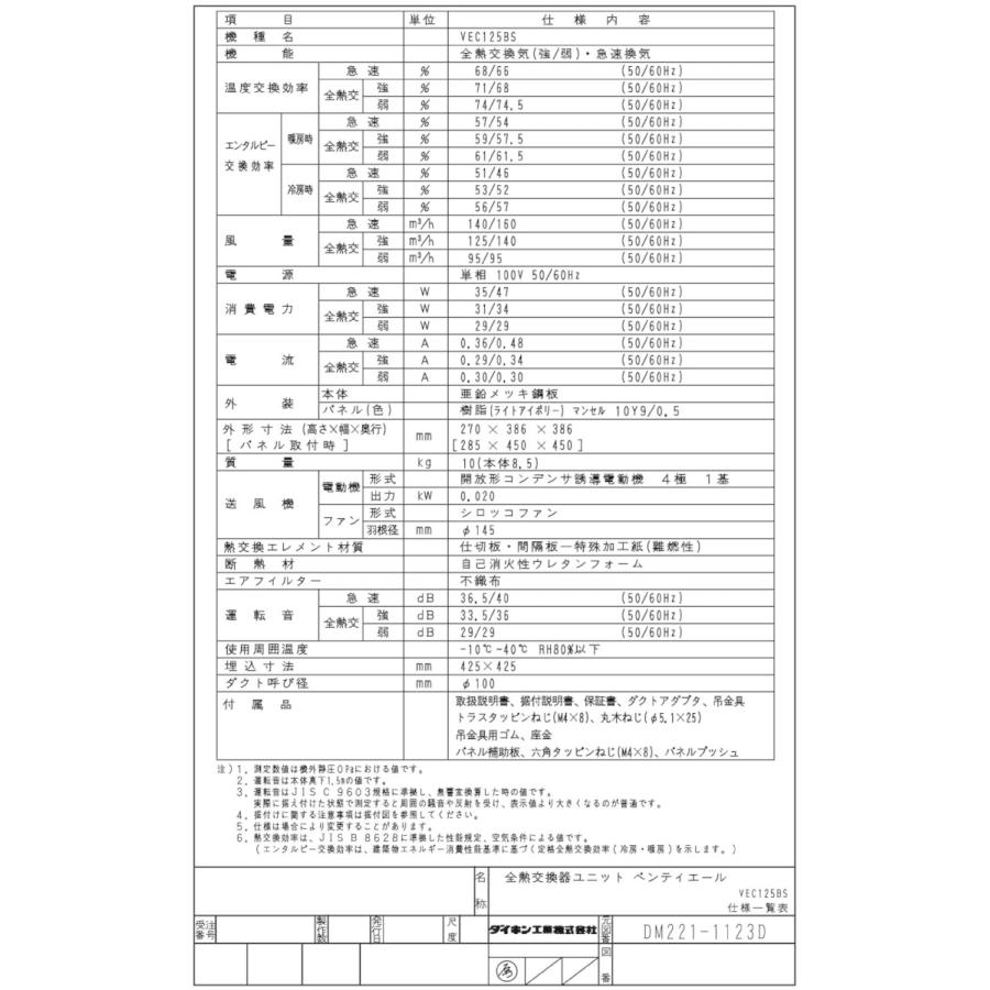 ダイキン　VEC125BS　換気扇 小型全熱交換器ユニット VEC125BS ダイキン 業務用換気機器 小型全熱交換器ユニット ベン