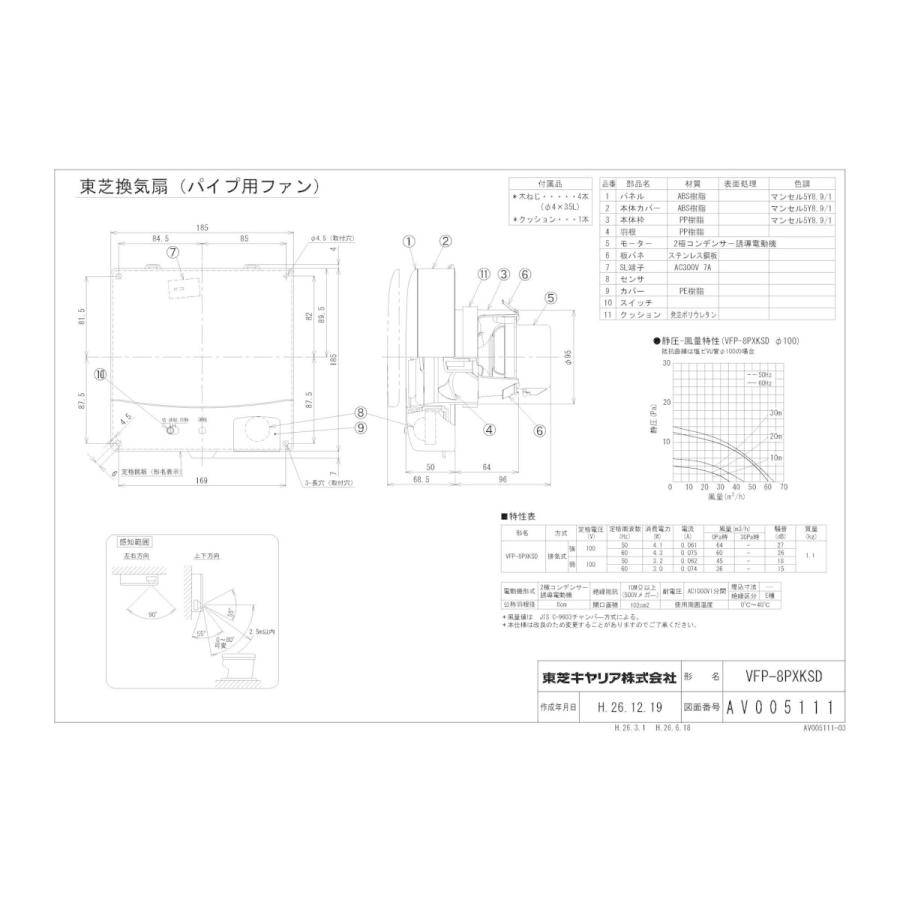 VFP-8PXKSD 東芝 風量形パイプ用ファン 人感センサー自動運転 ぴたパネIII トイレ・洗面所用 常時弱運転形 残臭運転機能付 電動スライドパネル 本体スイッチ付|タカラShop PayPayモール店|01