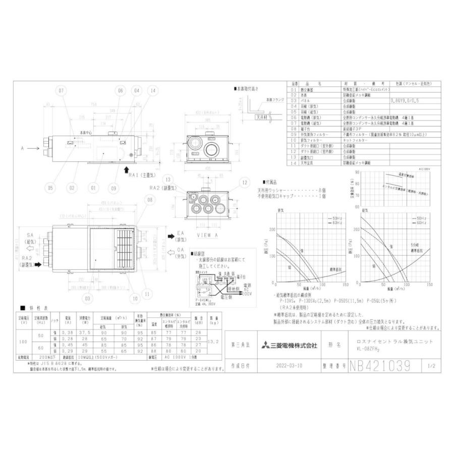 三菱（MITSUBISHI） ○VL-08ZFH2 三菱電機 ロスナイ セントラル換気