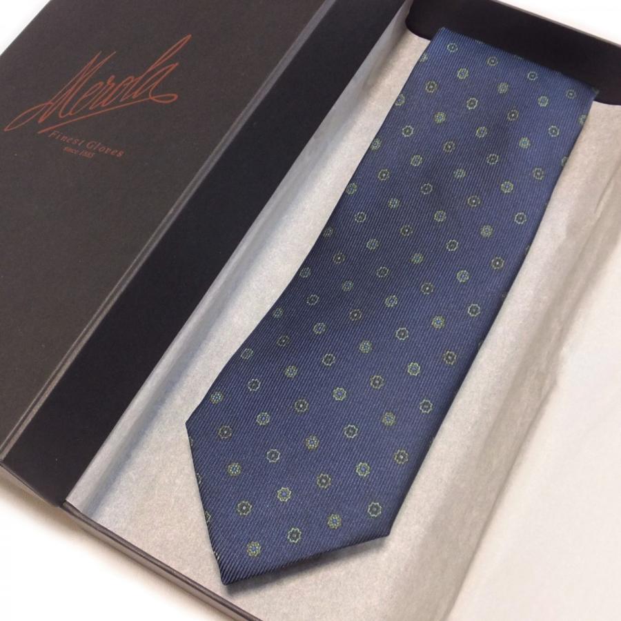 Merola（メローラ） ネクタイ ネイビー・グリーンの小紋 50オンス