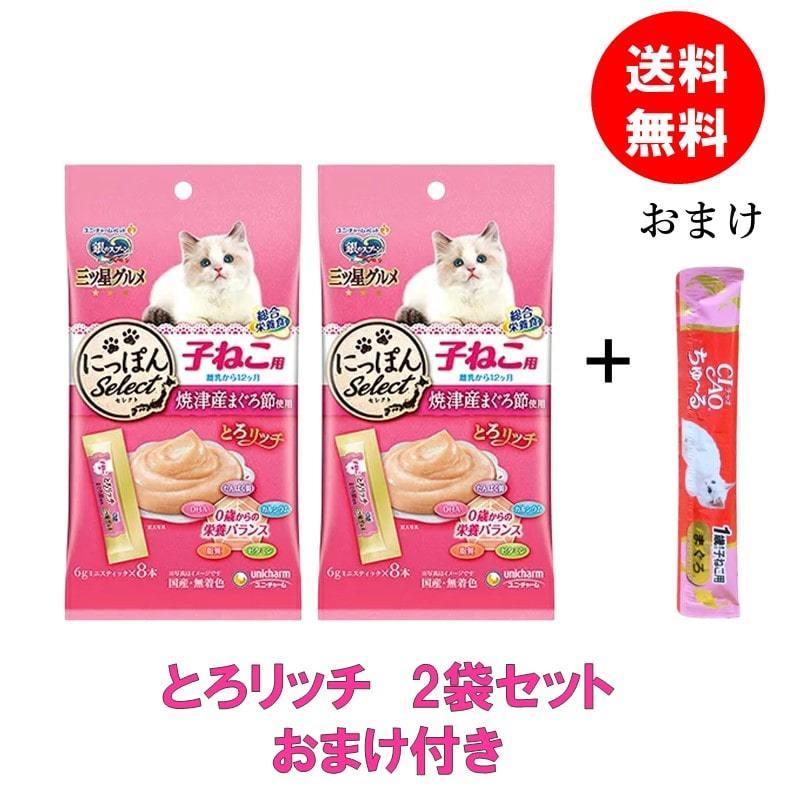 (送料無料) 1000円ぽっきり 銀のスプーン 三ツ星グルメ 子猫用 おやつ とろリッチ 2袋 セット (1袋 6ｇ 8本入り) おまけ付き｜tsubomiya