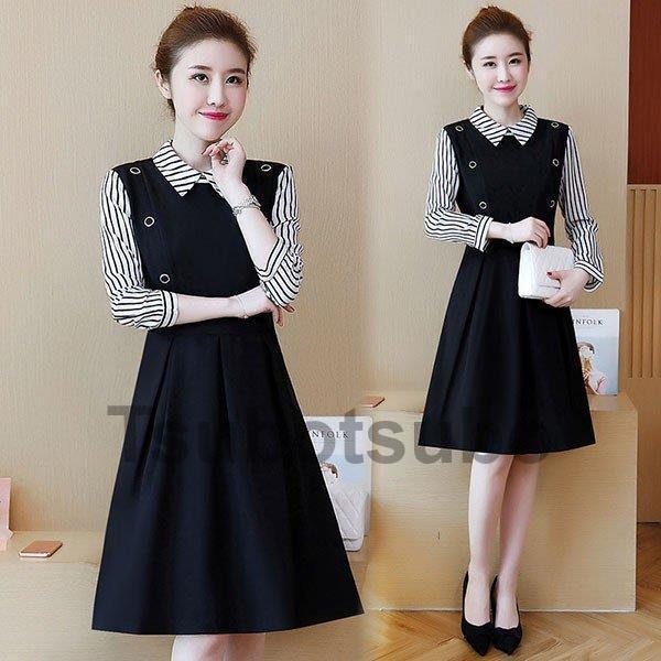 海外輸入 ワンピース レディース 40代 秋冬 長袖 きれいめ 上品 膝丈ワンピース 折襟 ストライプ 大きいサイズ パーティードレス 韓国風 おしゃれ 通勤 着痩せ 大人 新品 クーポンで更にお得 Shirleyryan Ca